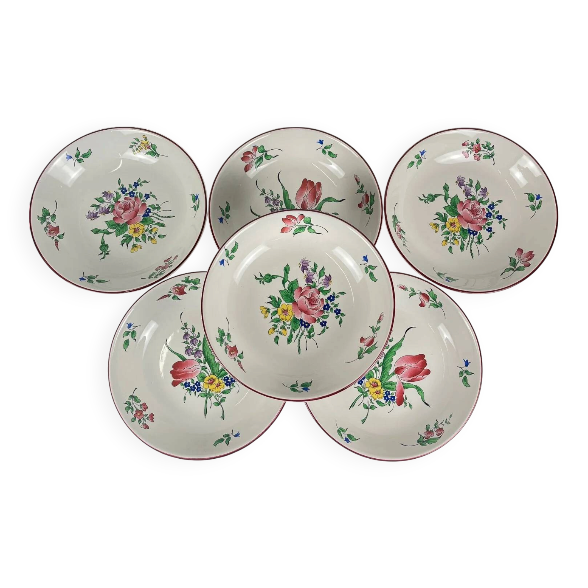 Set of 6 calotte plates Model Réverbère by KG Lunéville, tulip & rose pattern.