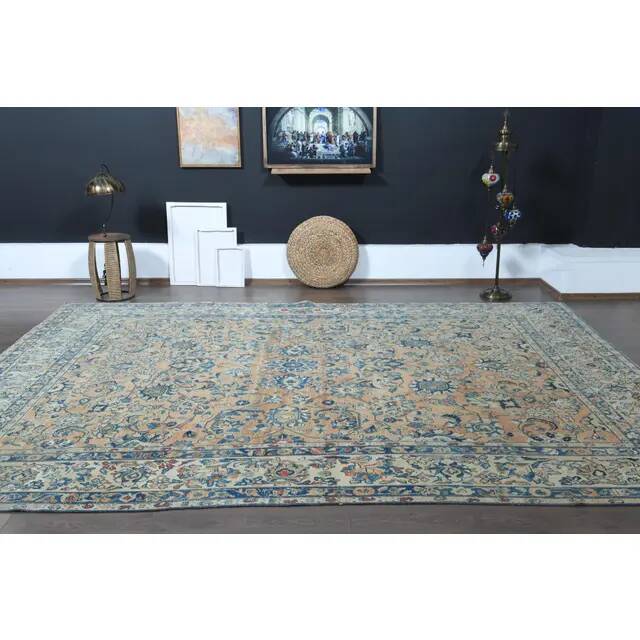 1970s Vintage Persian Handmade Wool Cotton Orange Area Rug 265x372