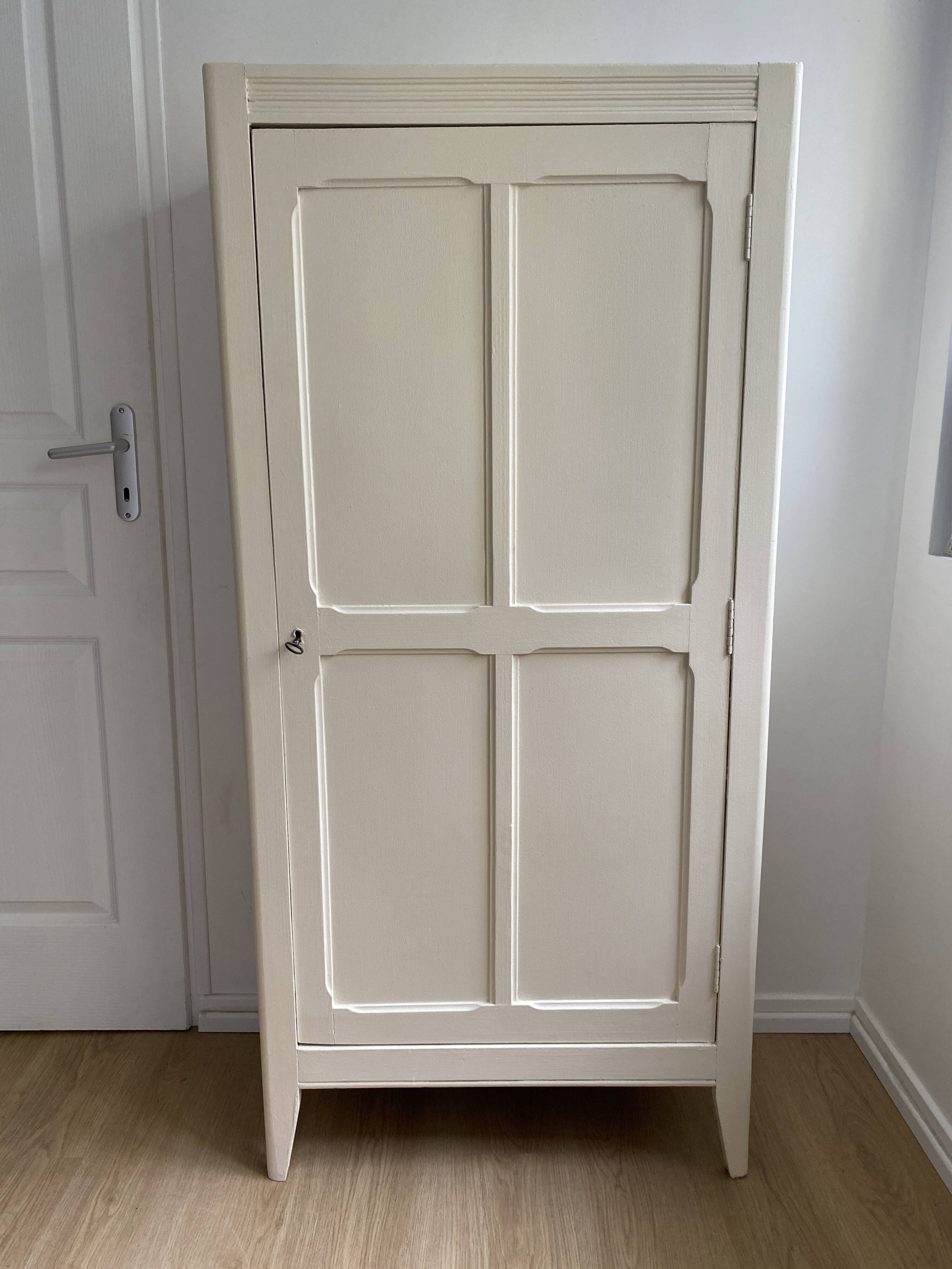 Vintage Parisian wardrobe painted in linen white, one door, three shelves