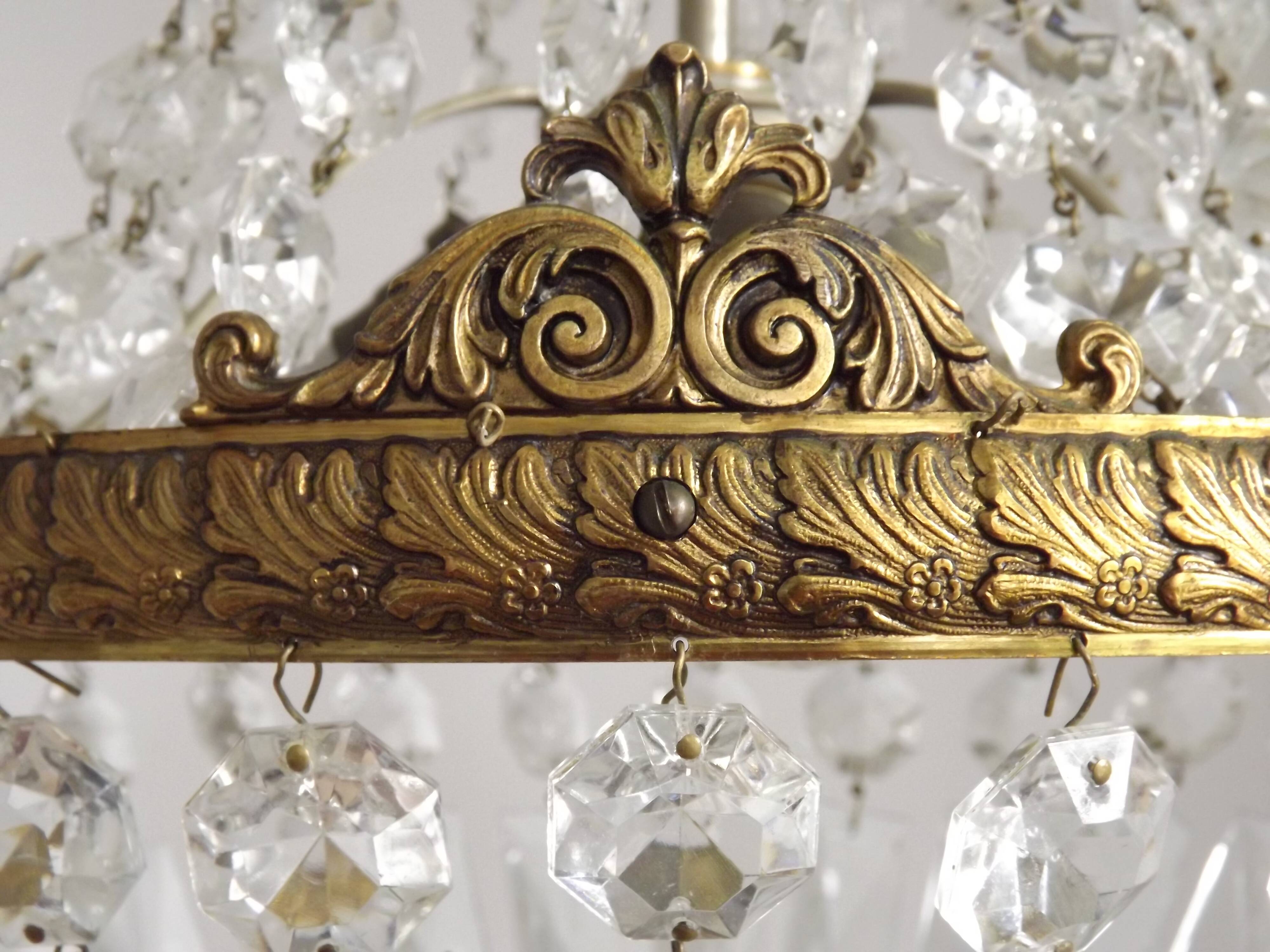 French Empire Style 3 Light Bronze Montgolfier Crystal Basket Chandelier