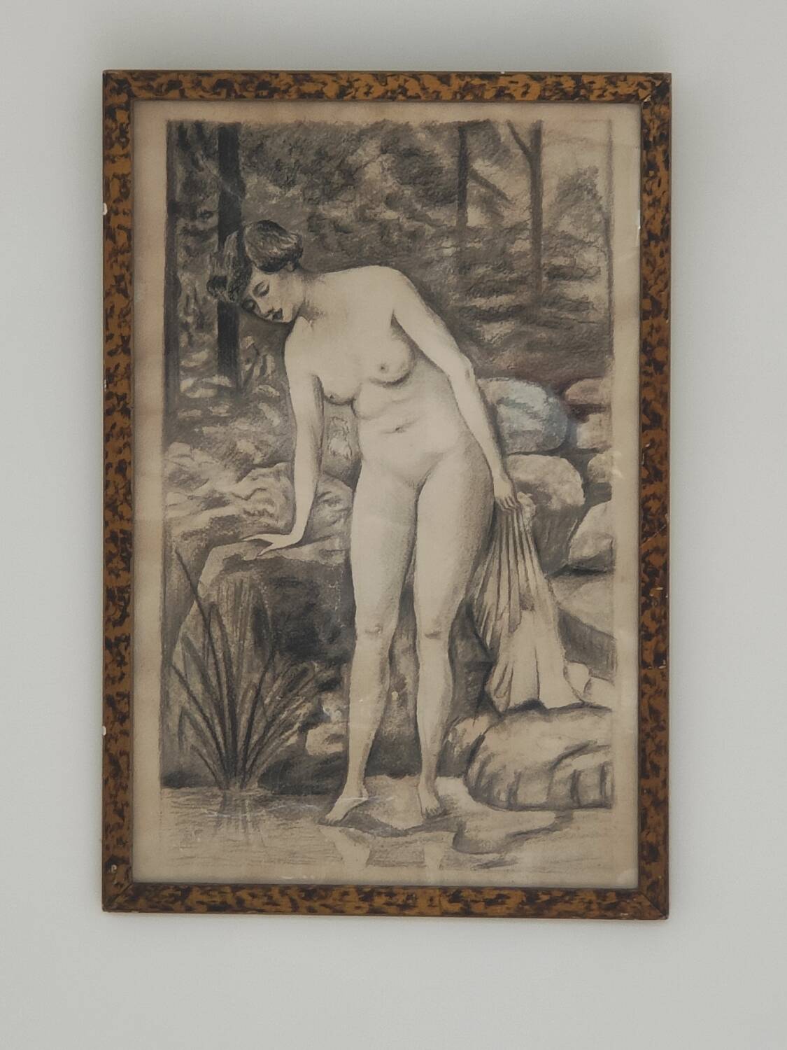 Fusain Femme nue estampe encadrée
