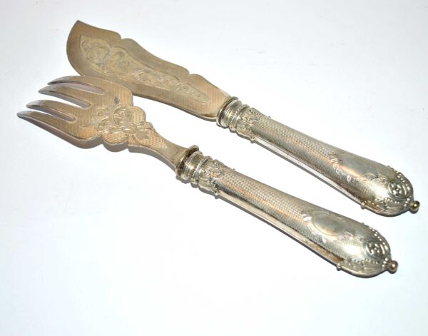 Service à poisson en Argent fourré ancien - Couvert de service gravé et guilloché Napoléon III