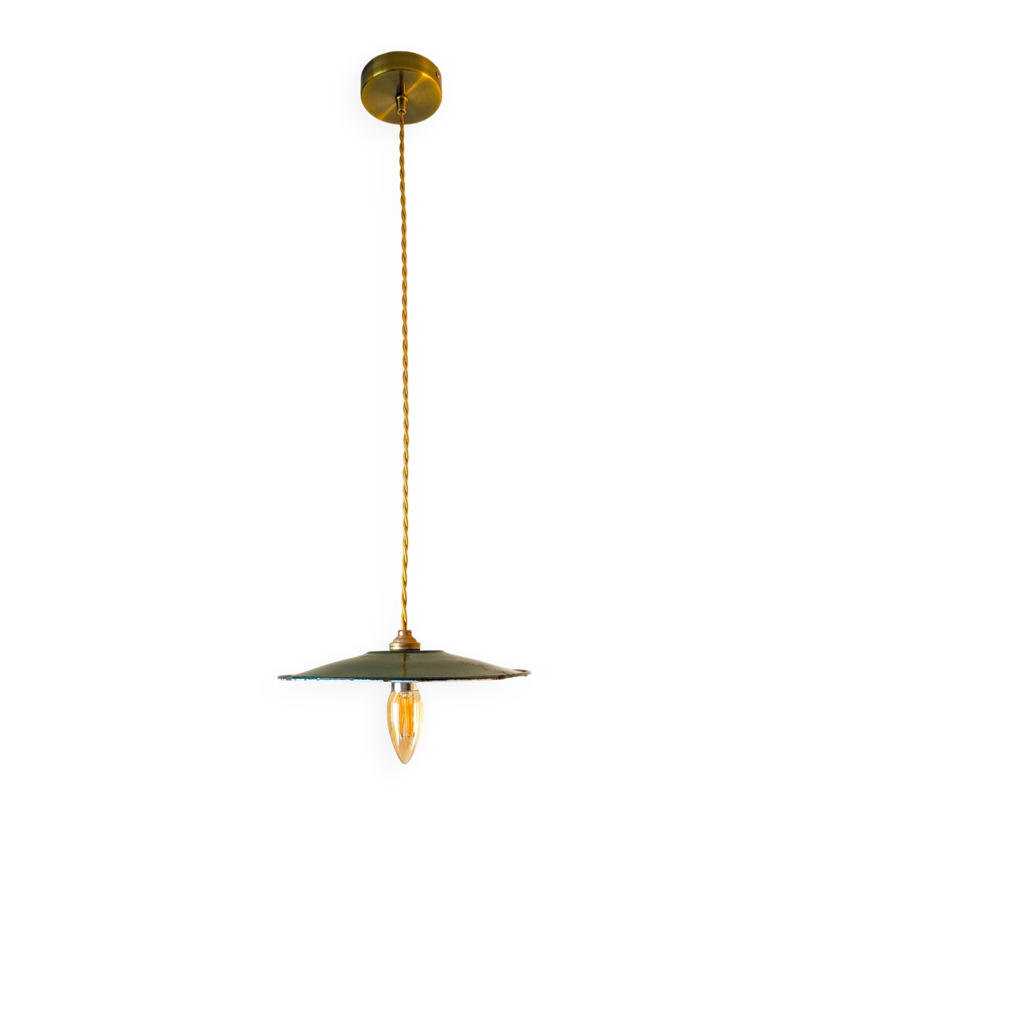 Vintage green enamelled metal suspension, antique industrial light fixture.