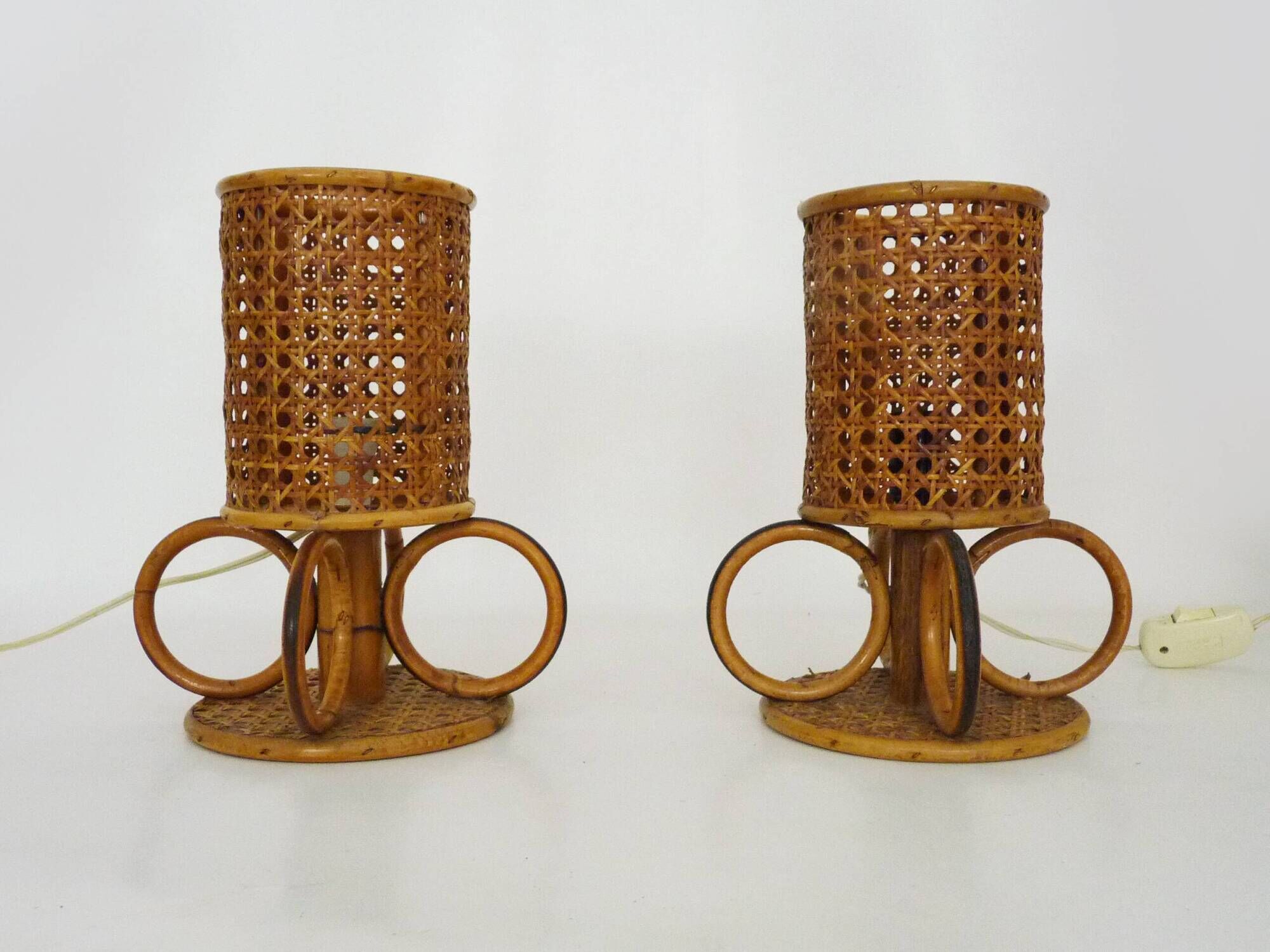 Pair of bamboo rattan caned lamps. Italy 1950s 60s.