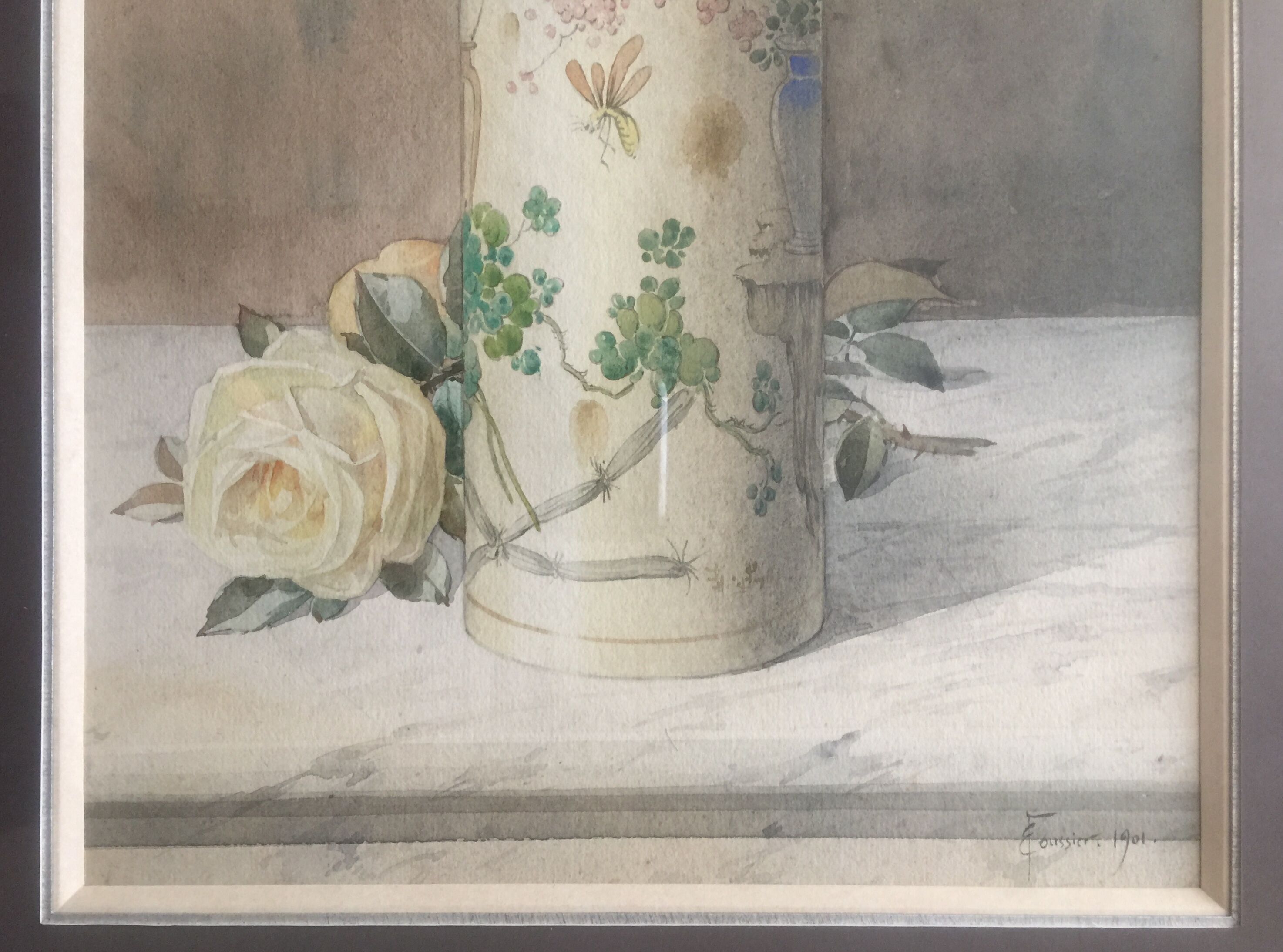 Ernest FOUSSIER 1901 "White roses in a Japanese vase"watercolor signed