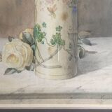 Aquarelle  "roses blanches dans un vase japonisant" signée ernest foussier 1901