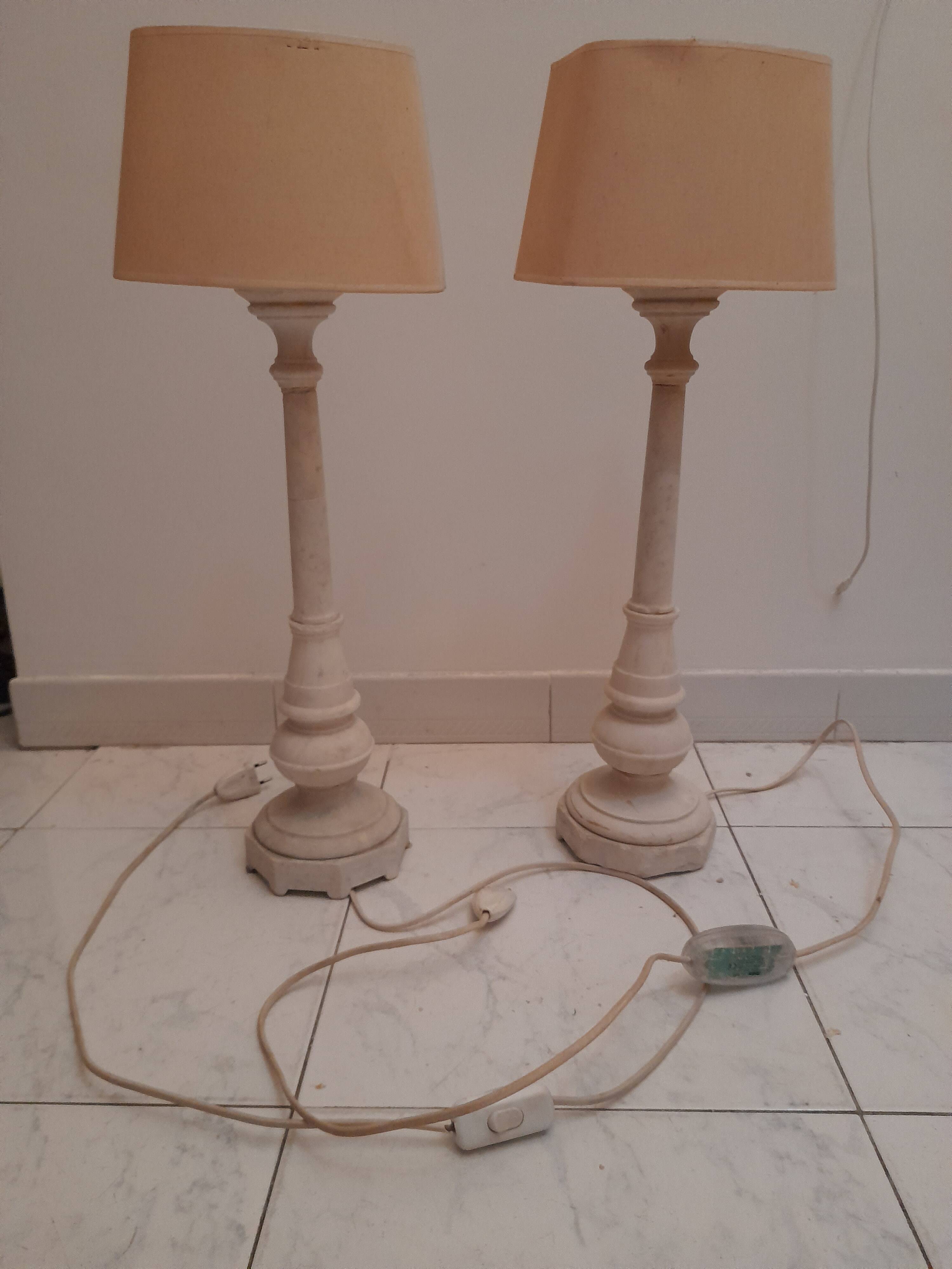 A pair of antique desk lamps with white marble bases