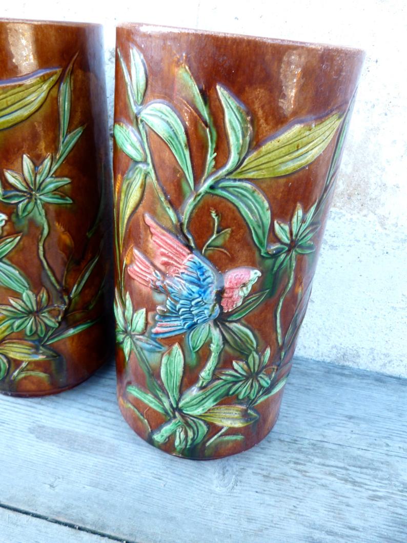 Pair of Palissy style vases school tours reliefs parrots