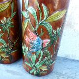 Pair of Palissy style vases school tours reliefs parrots