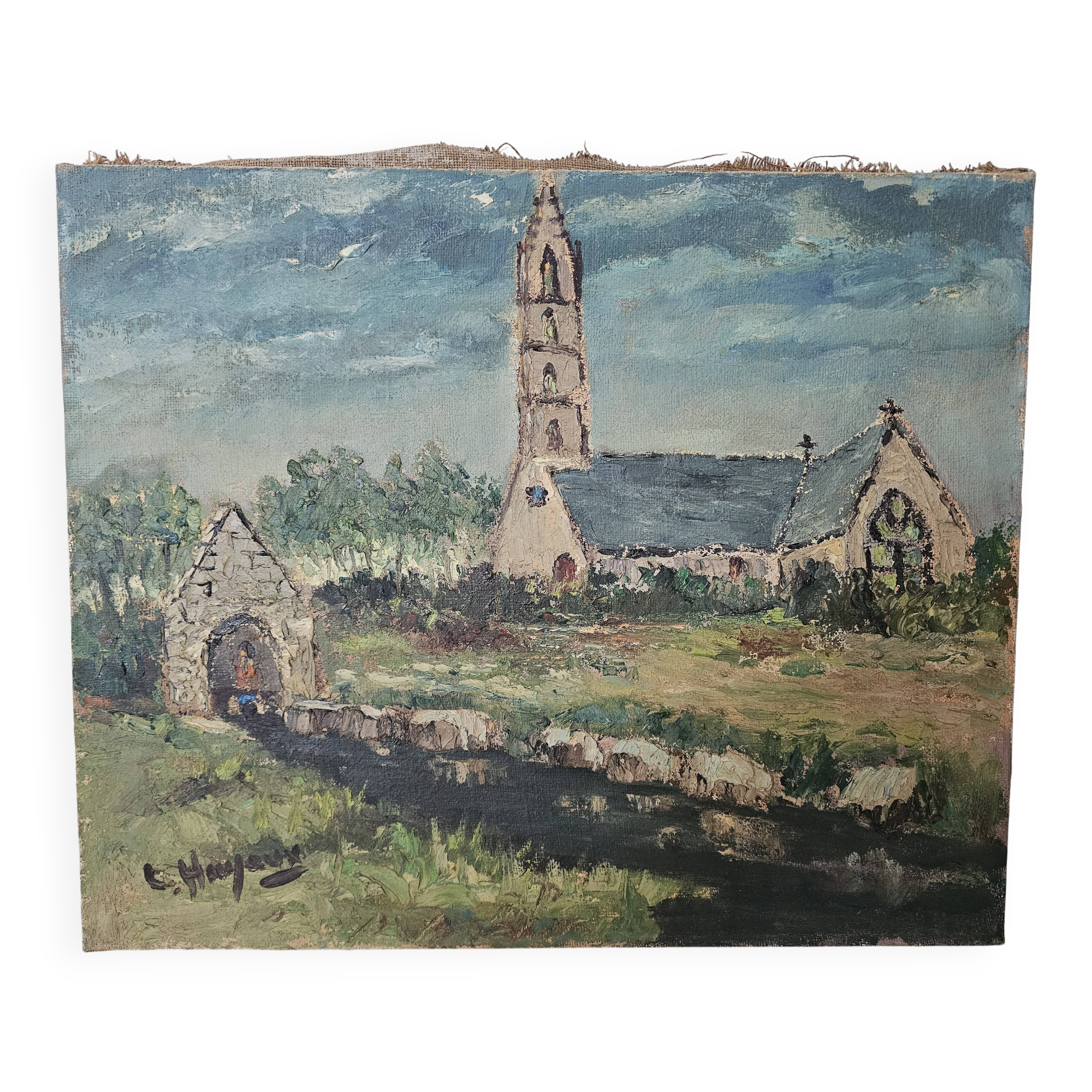 Painting - Oil on canvas Breton Village Signed Louis Hayaux (1897 - 1982)