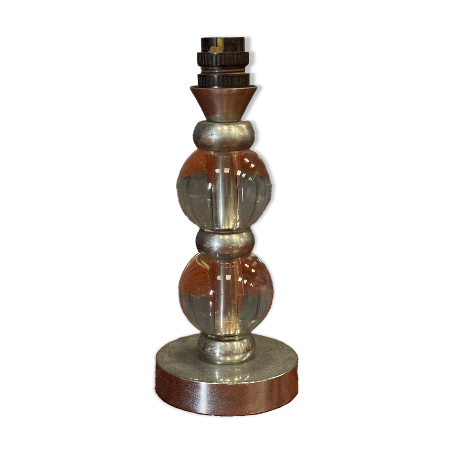 1950s lamp made up of two glass balls and a stainless steel base