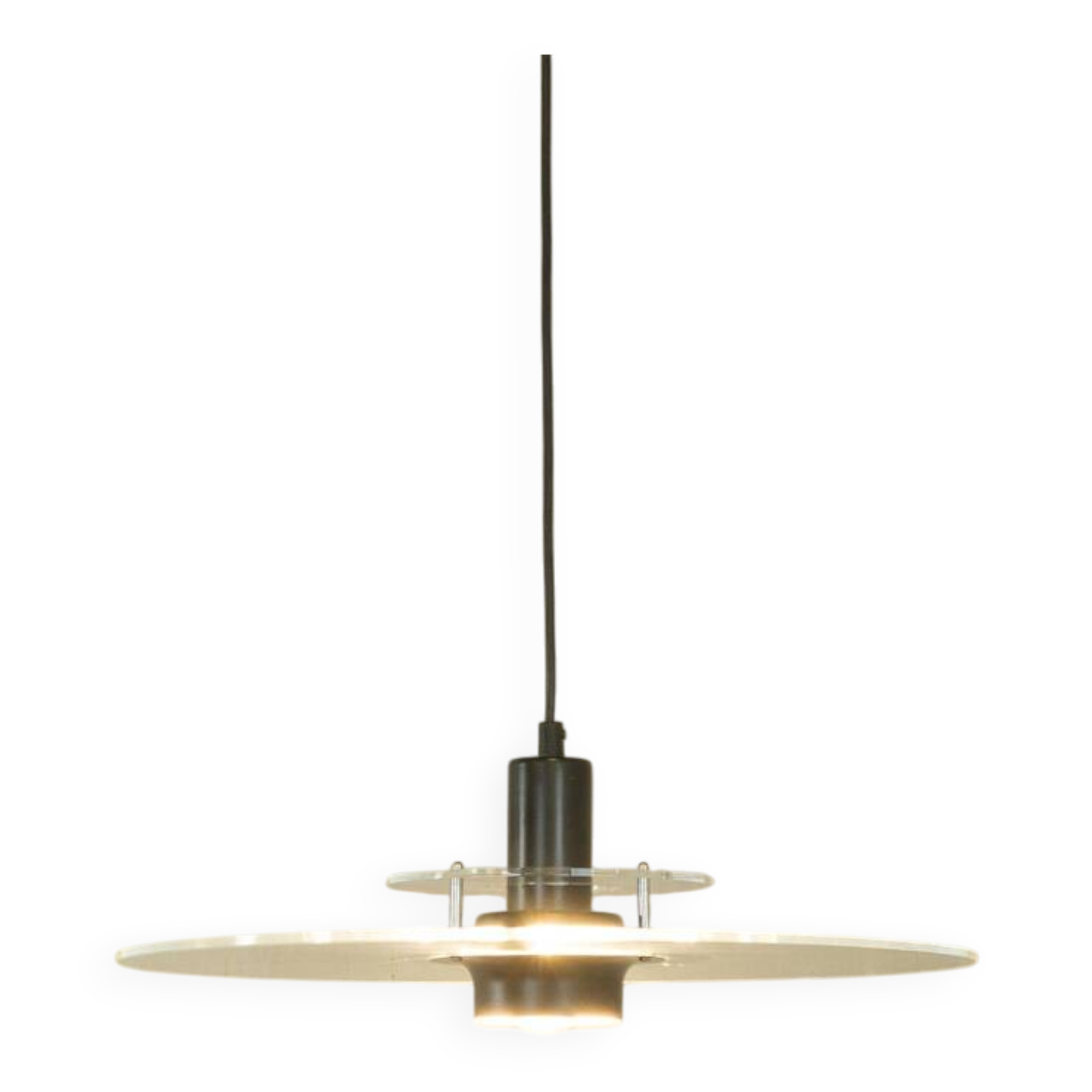 Space Age ceiling lamp by Ikea from the 1980s with two plexiglass plates and canopy made of black injection-moulded plastic.