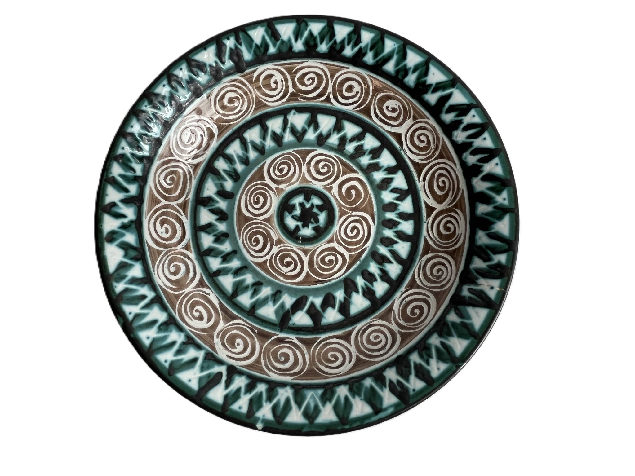 Picault, polychrome earthenware plate with geometric decoration from the 20th century.