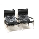 2x Vintage black leather armchair by Strässle HE1106 designed by Hans Eichenberger