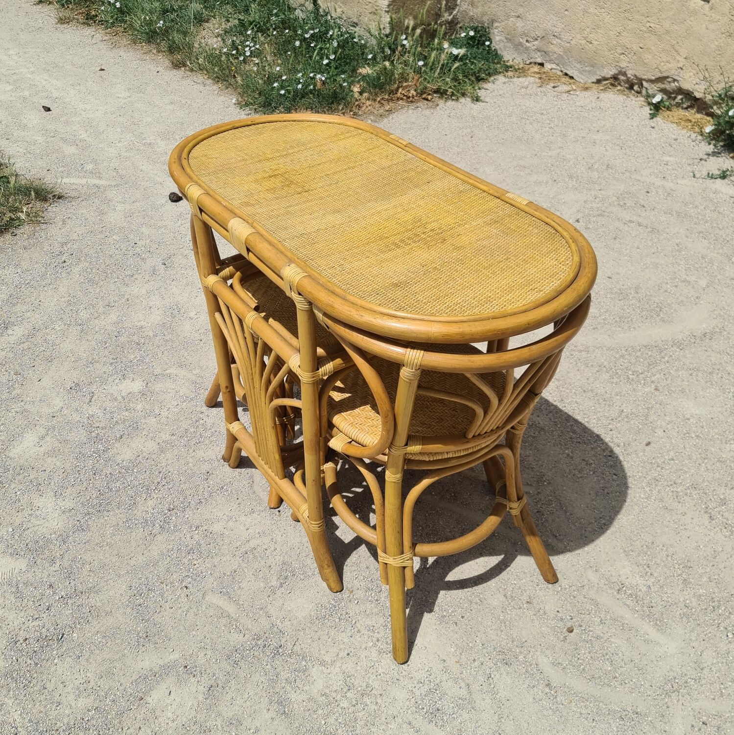 Table and chairs bistrot head to head rattan bamboo 1970