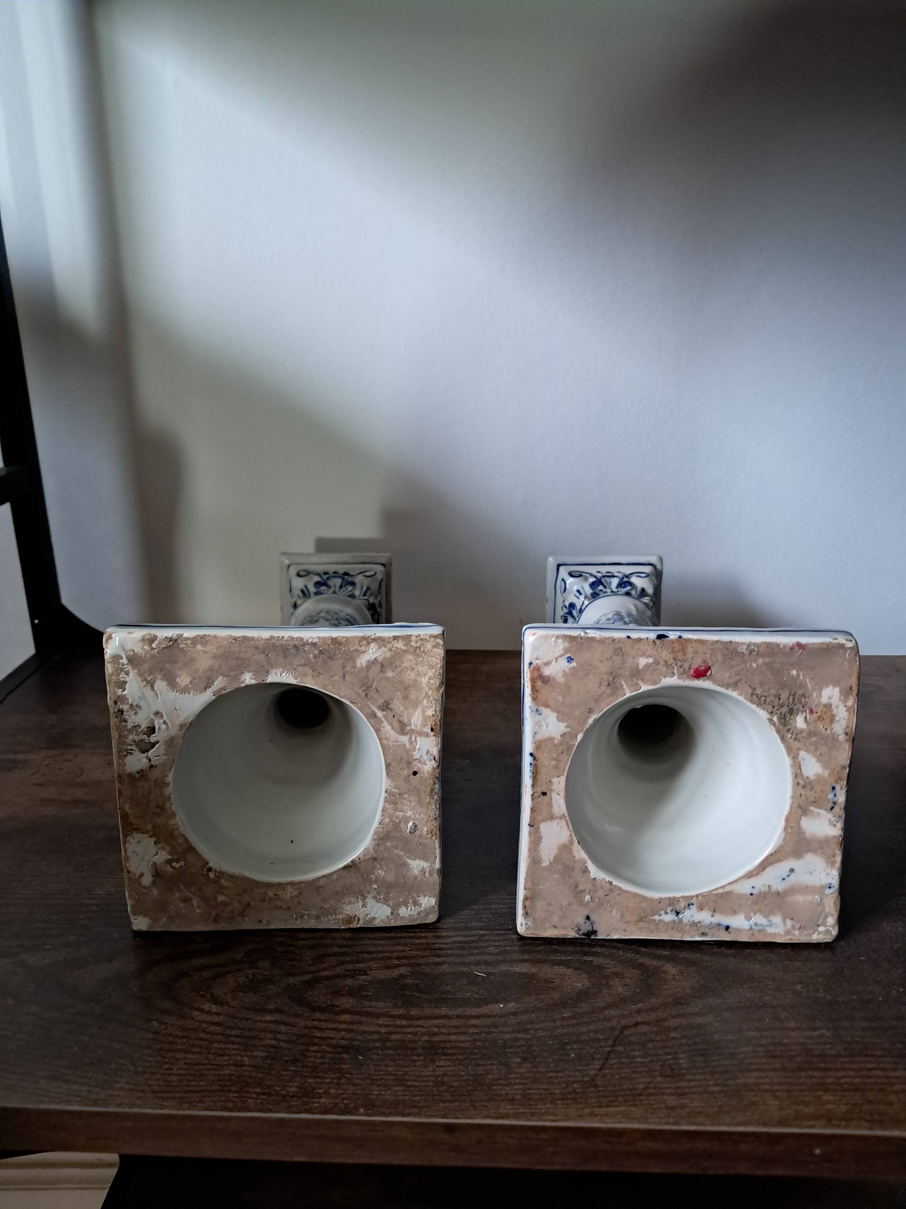 Antique Pair of Column Candlesticks in Blue and White Delftware