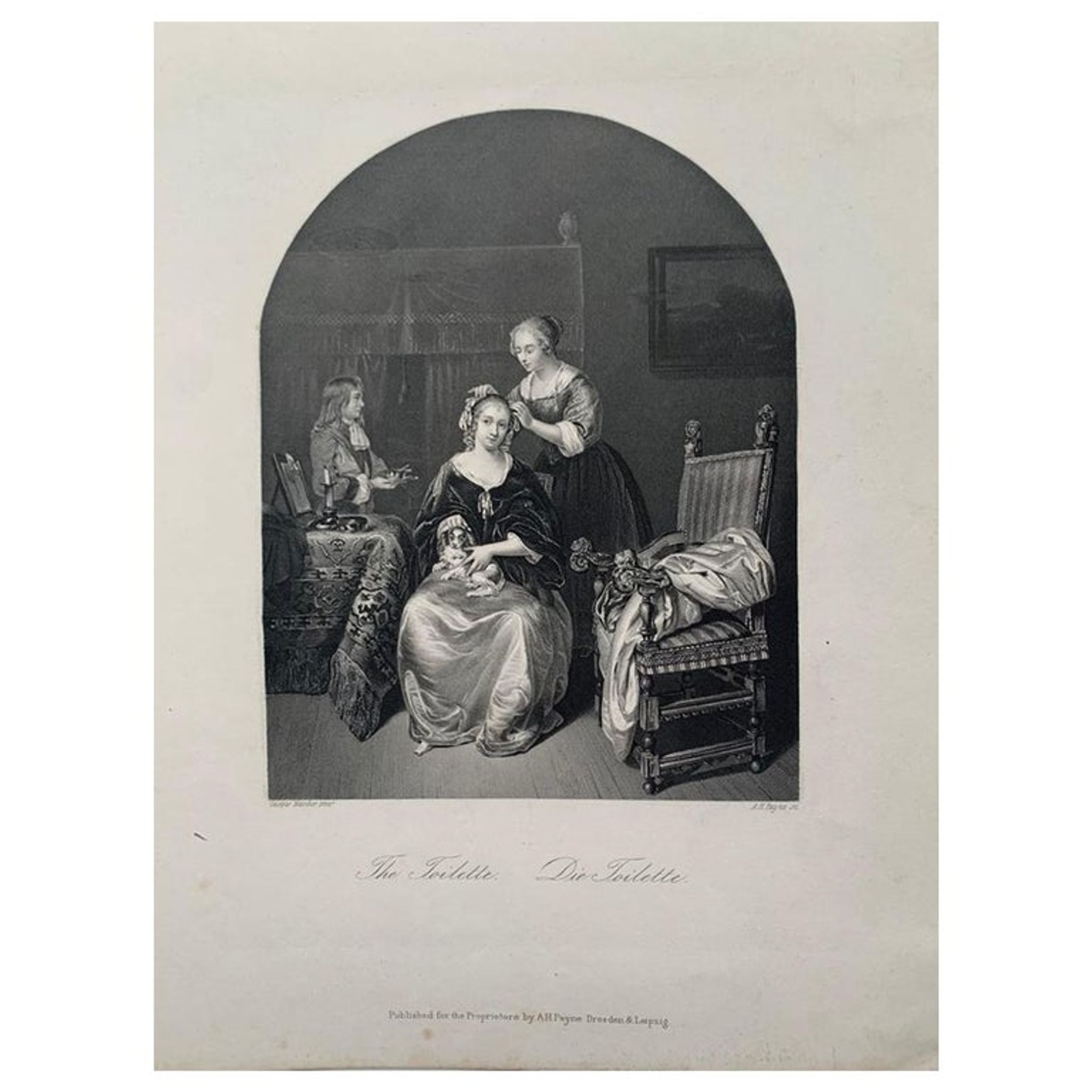 Casper Netscher, La toilette, gravure, XIXème siècle