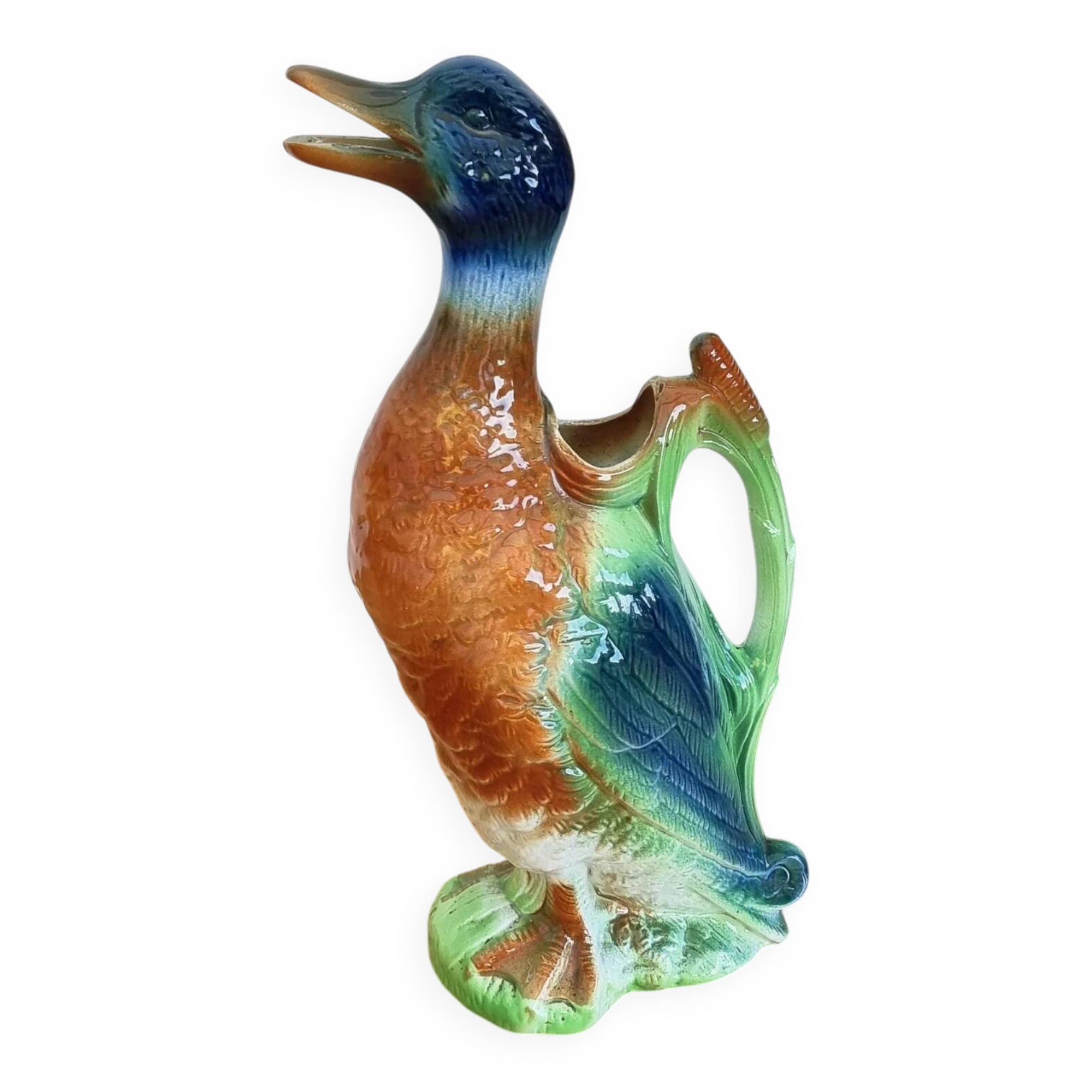 Vintage barbotine duck pitcher Saint Clément no. 7492