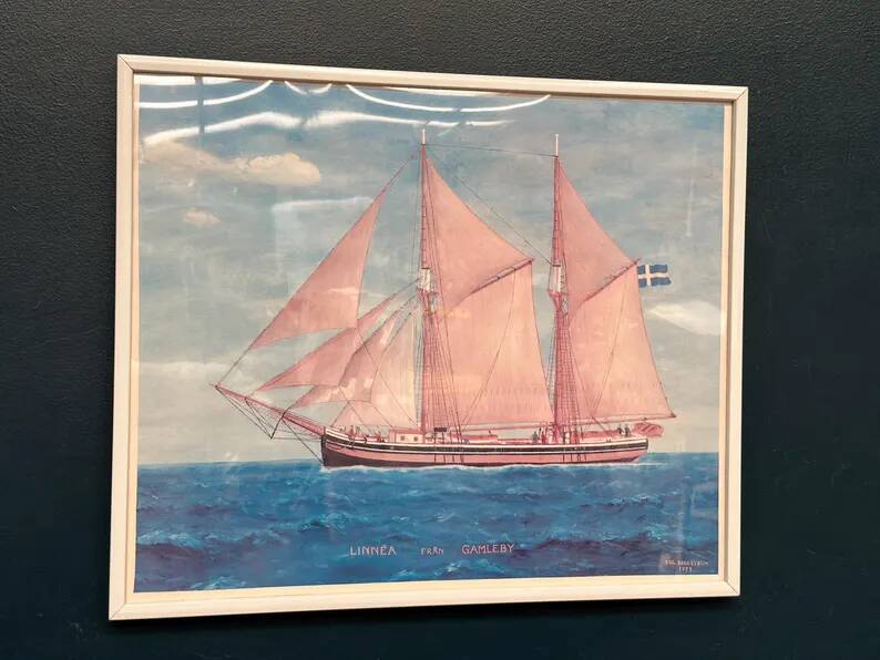 Swedish original print on paper – "Boat at Sea" by Egil Bergström – Signed – vintage and framed – 60.5 × 50.5 cm (23.8 in × 19.8 in)