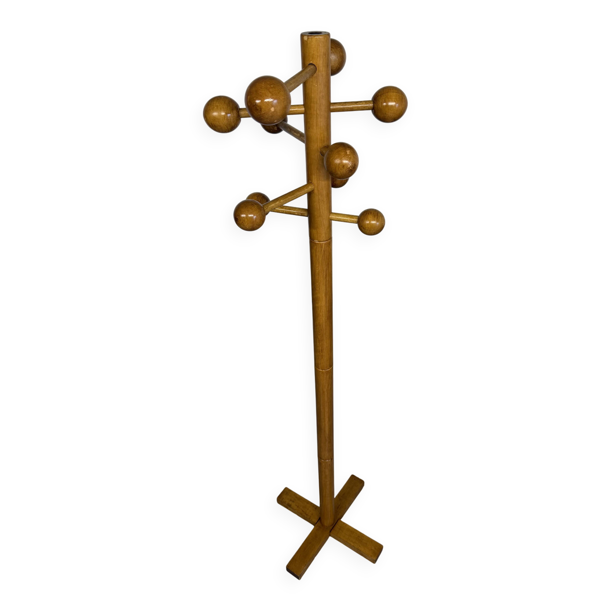Vintage wooden coat stand with modernist design from the 1970s.