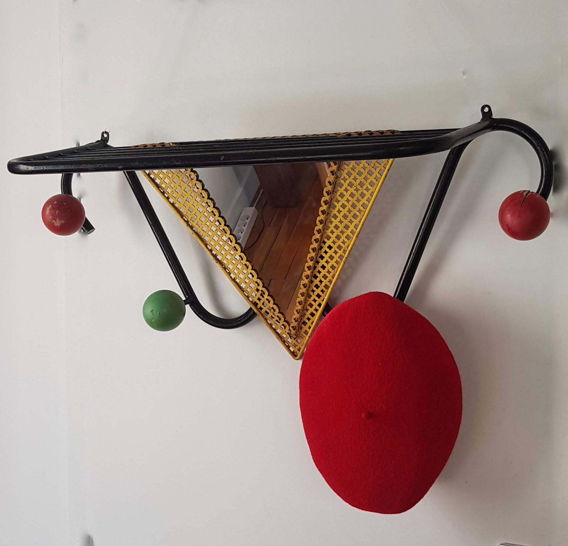 Vintage wall coat rack with mirror and shelf Black metal and wood ball