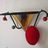 Vintage wall coat rack with mirror and shelf Black metal and wood ball