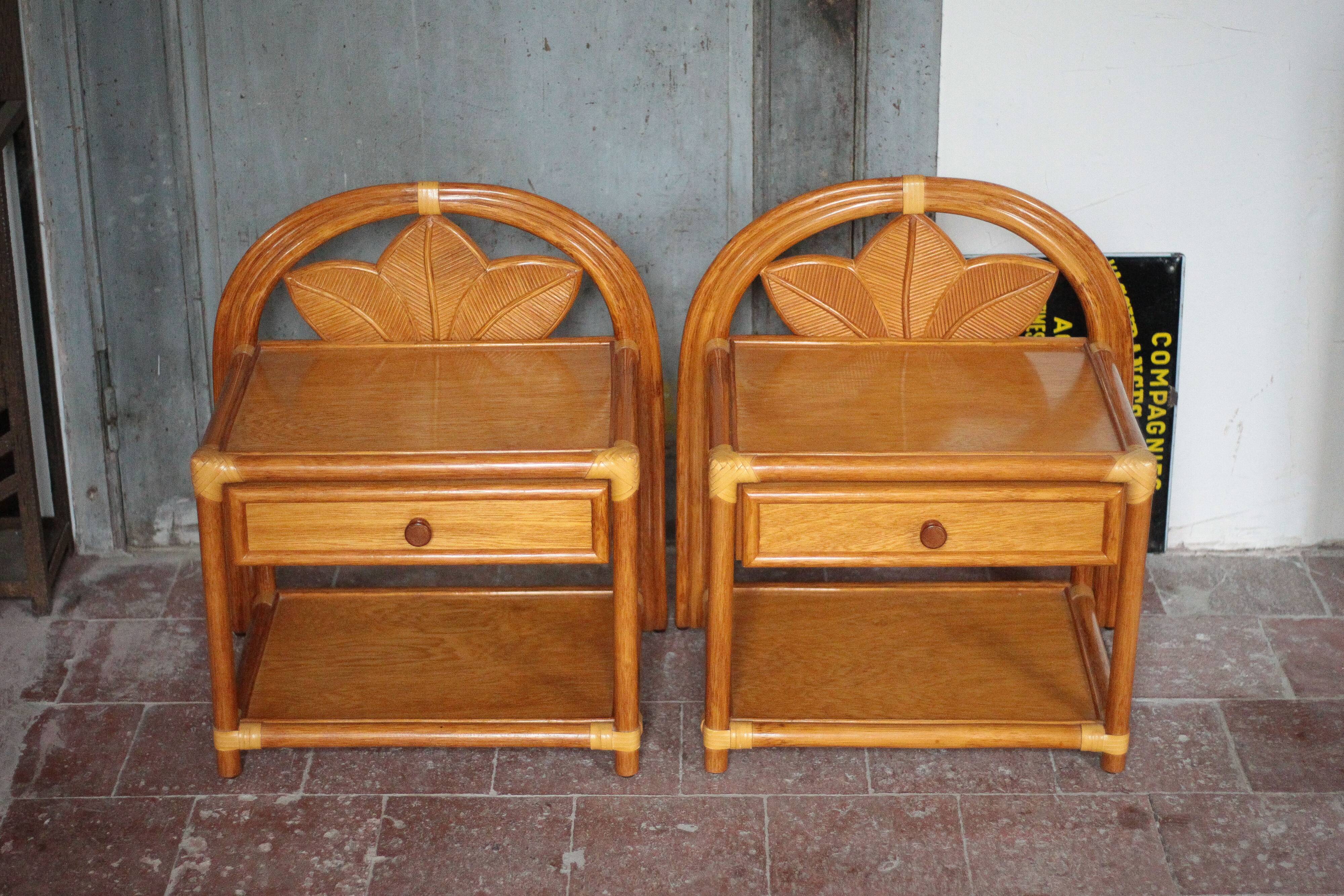 Paire de table rotin Maugrion pour Roche Bobois, table de chevet rotin