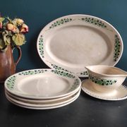French vintage set of 4 plates, sauce boat and platter, from Longchamps, Cannes model