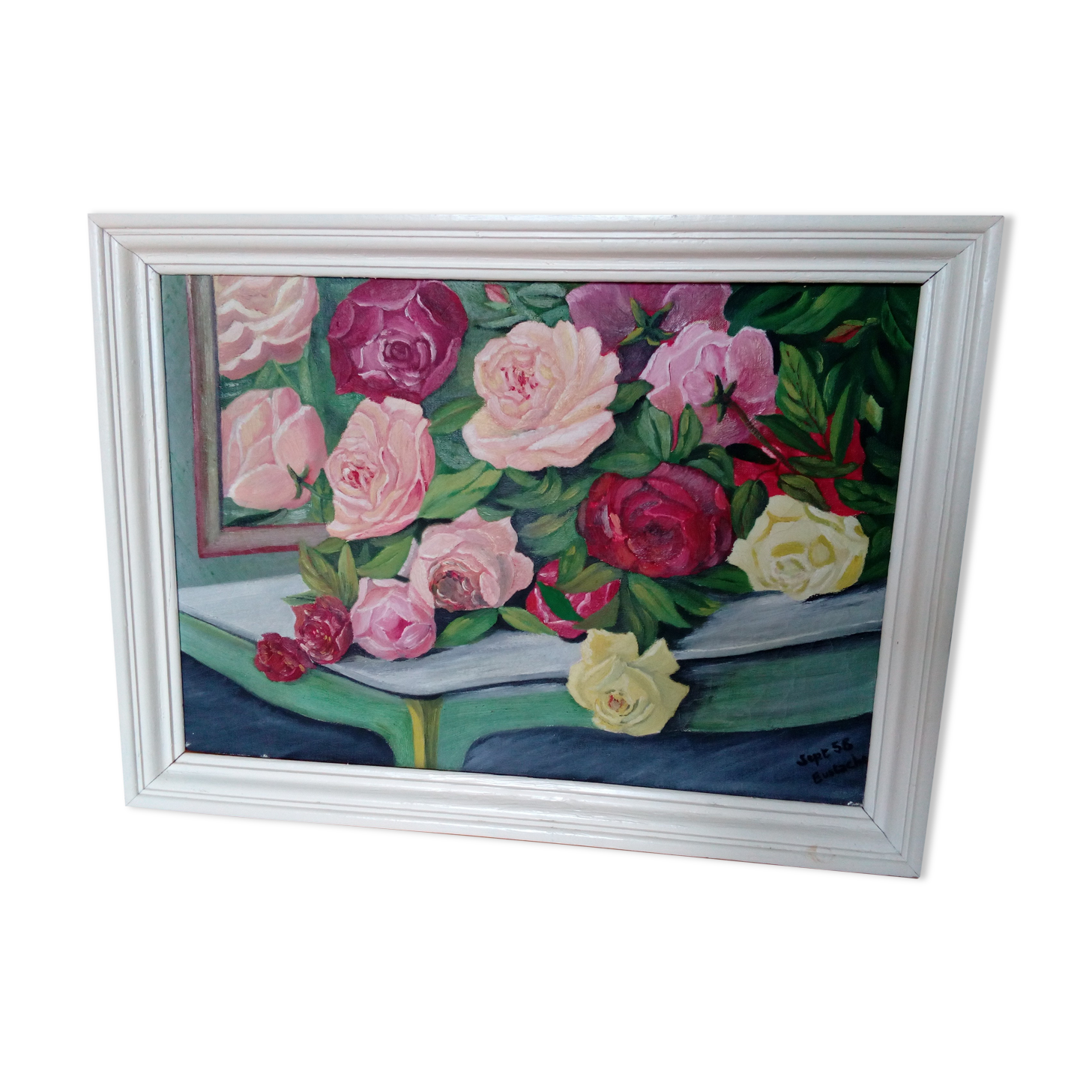 Table bouquet of flowers oil on canvas signed Eustache