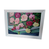 Table bouquet of flowers oil on canvas signed Eustache