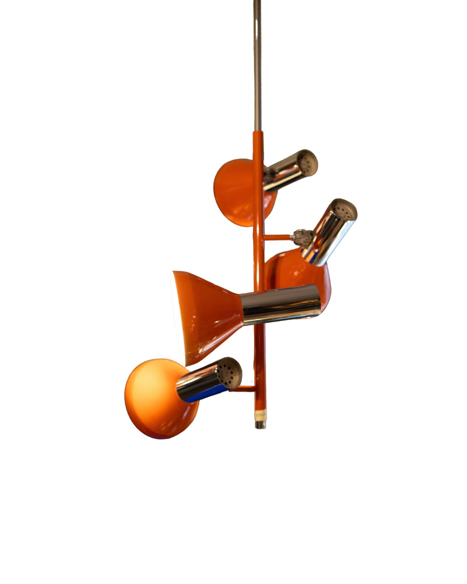 Vintage 4-spot pendant light / adjustable chandelier, chrome-plated & orange lacquered steel, Space Age design, 70s