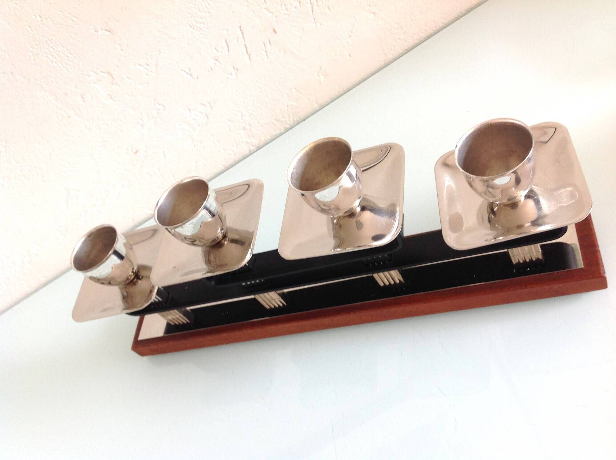 Four-headed candlestick in teak and chrome metal Scandinavian style / vintage 60s-70s
