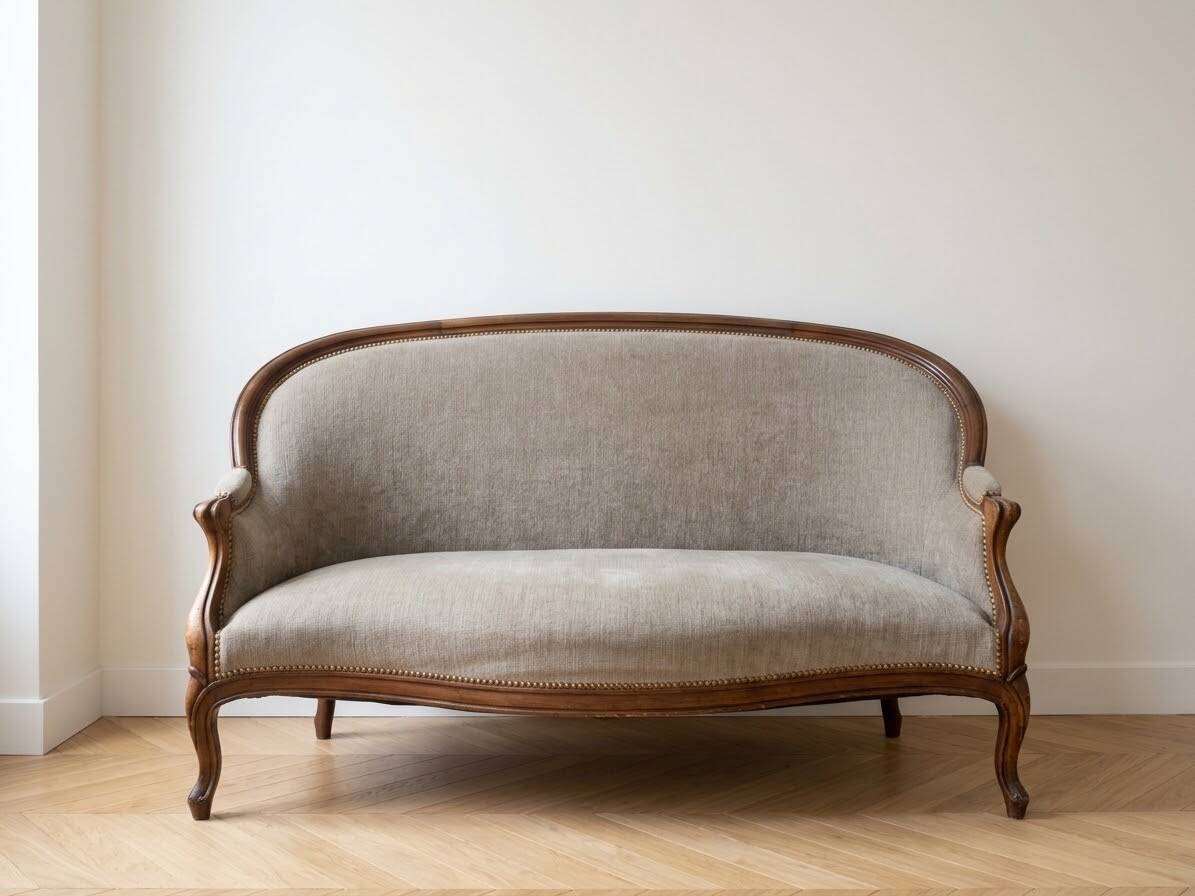 Louis XV style basket canapé in wood and beige fabric.