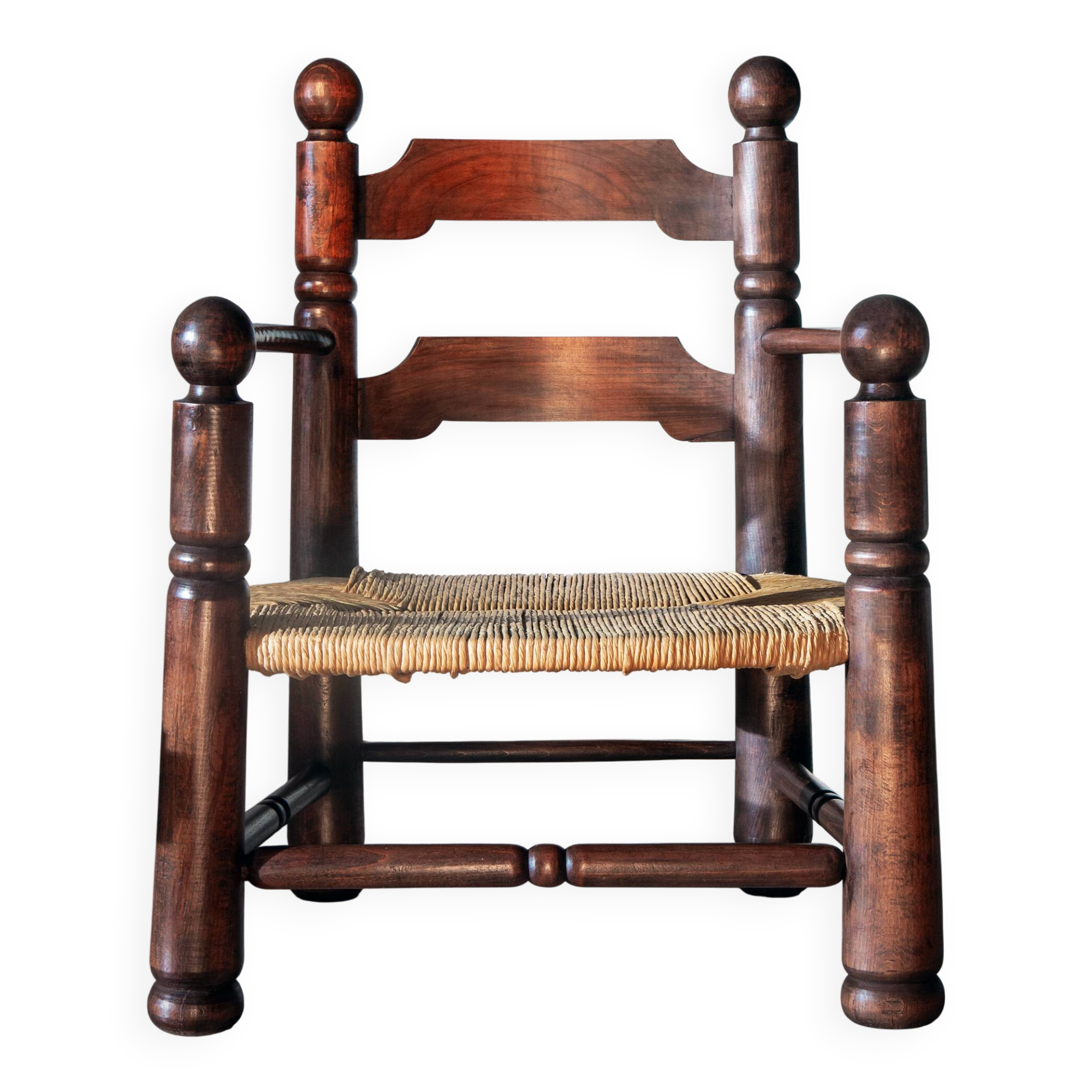 Oak and rush armchair, brutalist style, Charles Dudouyt, 1940s