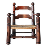 Oak and rush armchair, brutalist style, Charles Dudouyt, 1940s