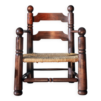 Oak and rush armchair, brutalist style, Charles Dudouyt, 1940s