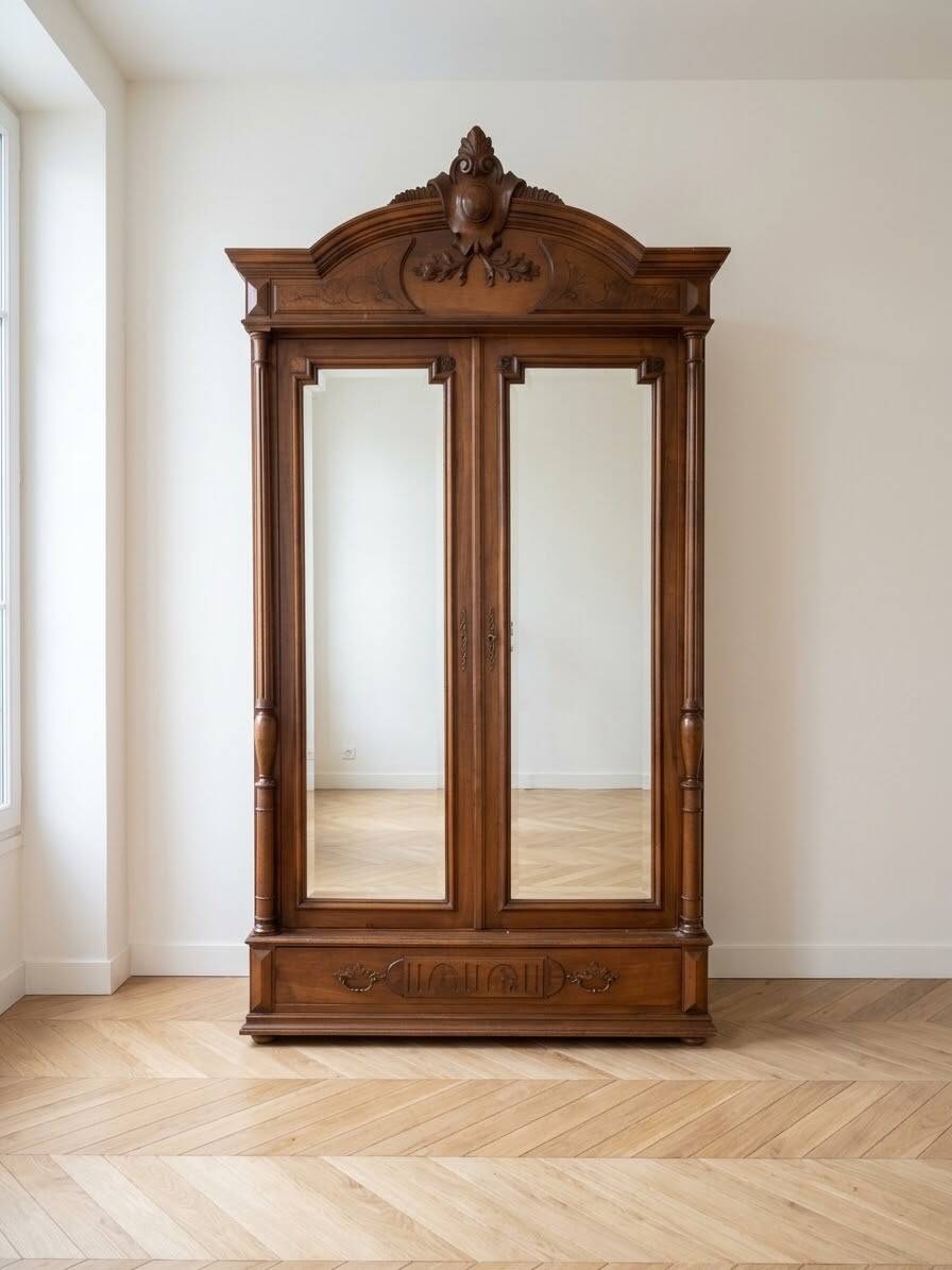 Antique walnut wardrobe with bevelled mirrors.