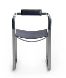 Armchair, silver steel and navy blue leather, contemporary style.