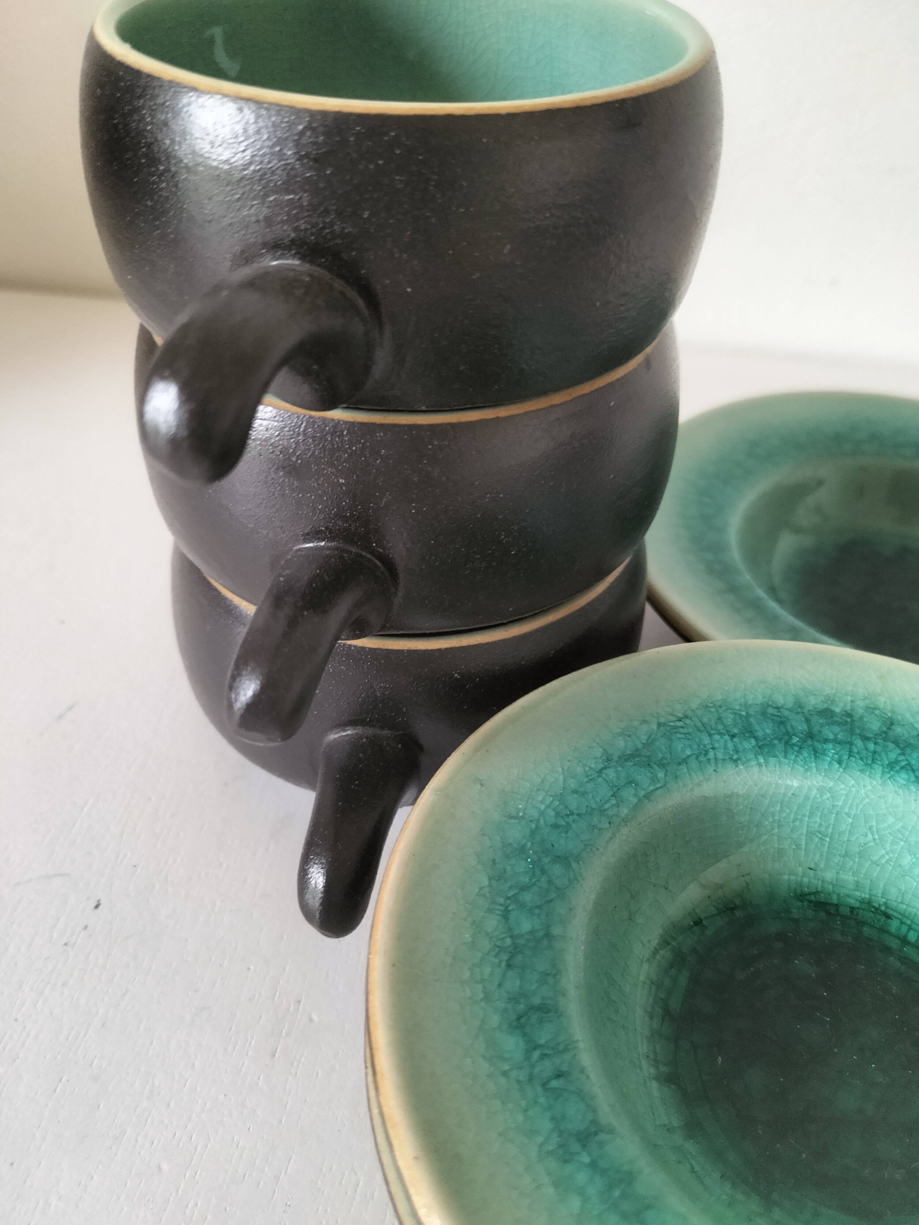 Set of three ceramic cups and saucers – crackled turquoise glaze