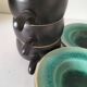Set of three ceramic cups and saucers – crackled turquoise glaze
