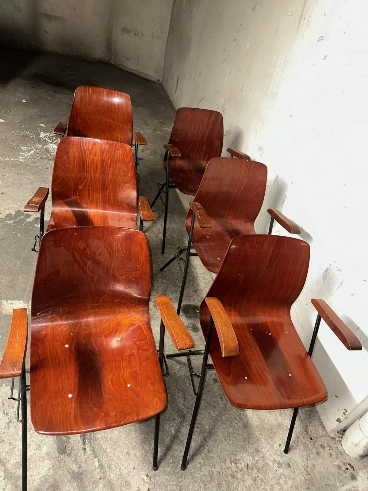 Set of 6 Airborne chairs in moulded plywood, 1950s.