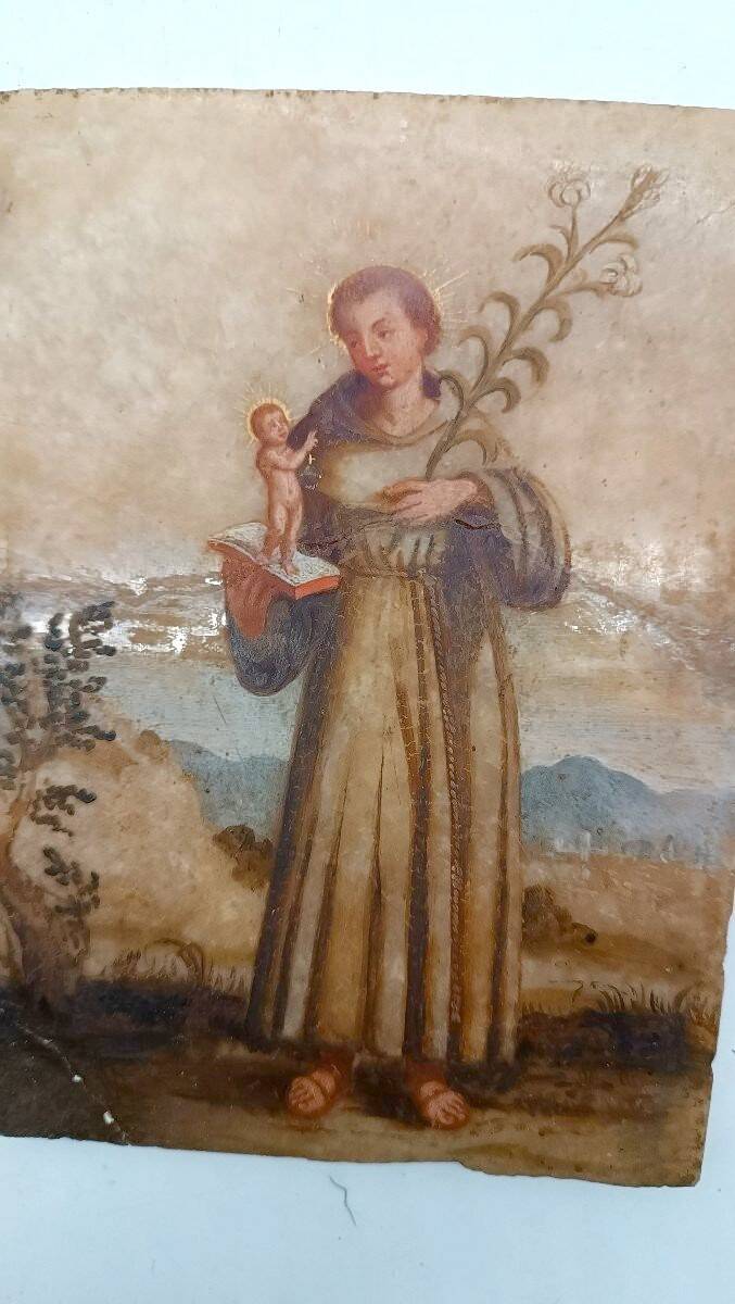 Antique painting on alabaster, Italy, 18th century, Saint Anthony of Padua