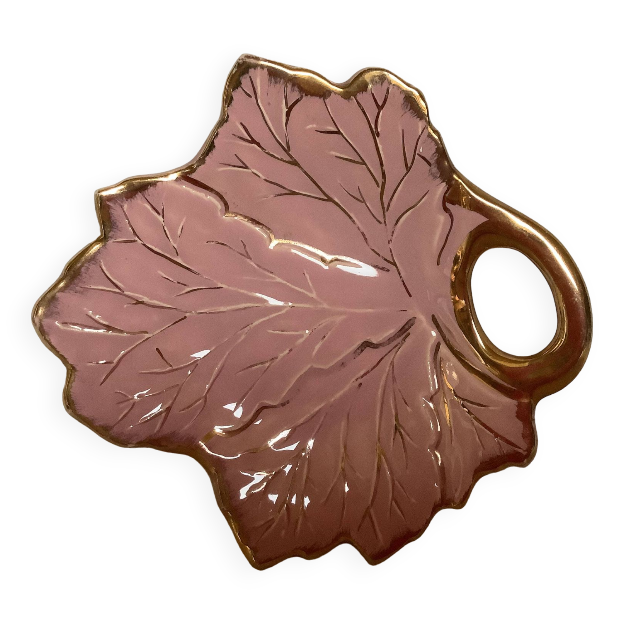 Tray, ring holder in the shape of a pink and gold leaf.