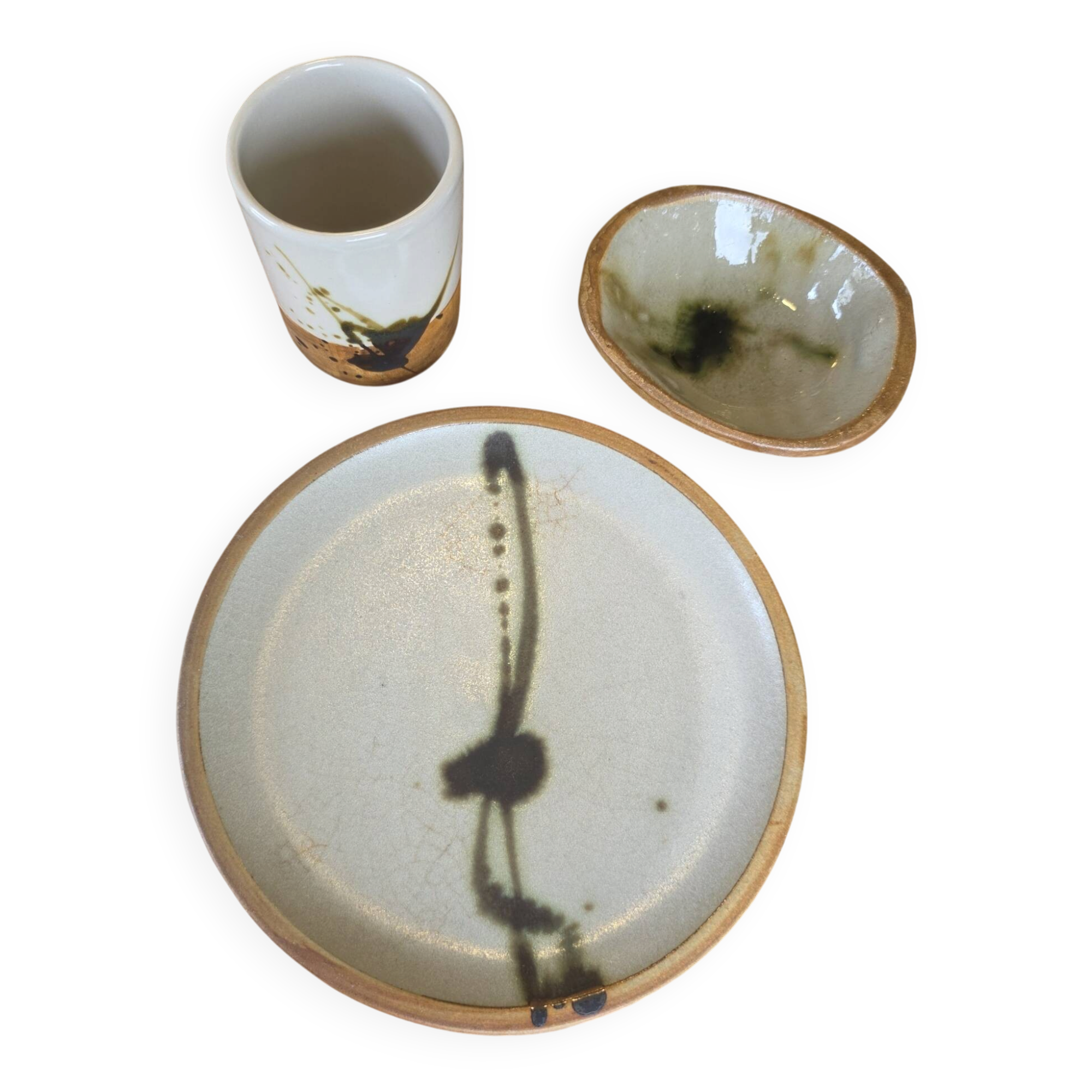 Set of 3 vintage Gres pieces from La Colombe pottery, signed.