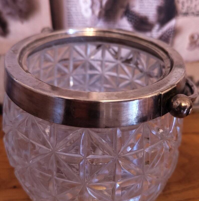 Vintage French barrel-style cut glass ice bucket, decorative metal handle 4506