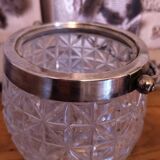Vintage French barrel-style cut glass ice bucket, decorative metal handle 4506