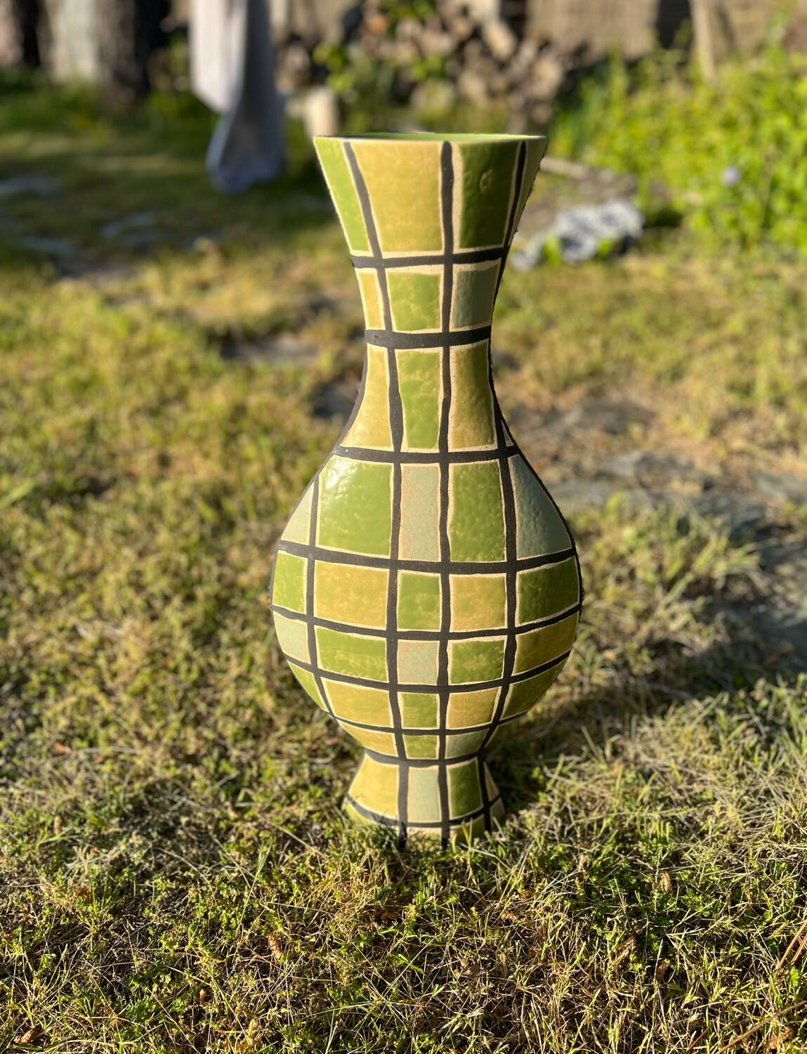 Large Art Deco olive green glazed ceramic vase