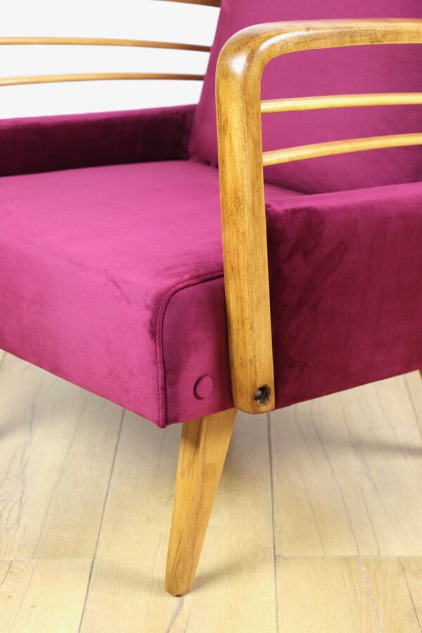 Fauteuil loft Art Déco vintage framboise - années 1960