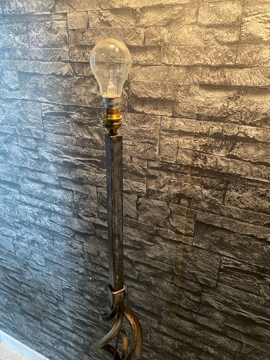 Brutalist tripod floor lamp in wrought iron