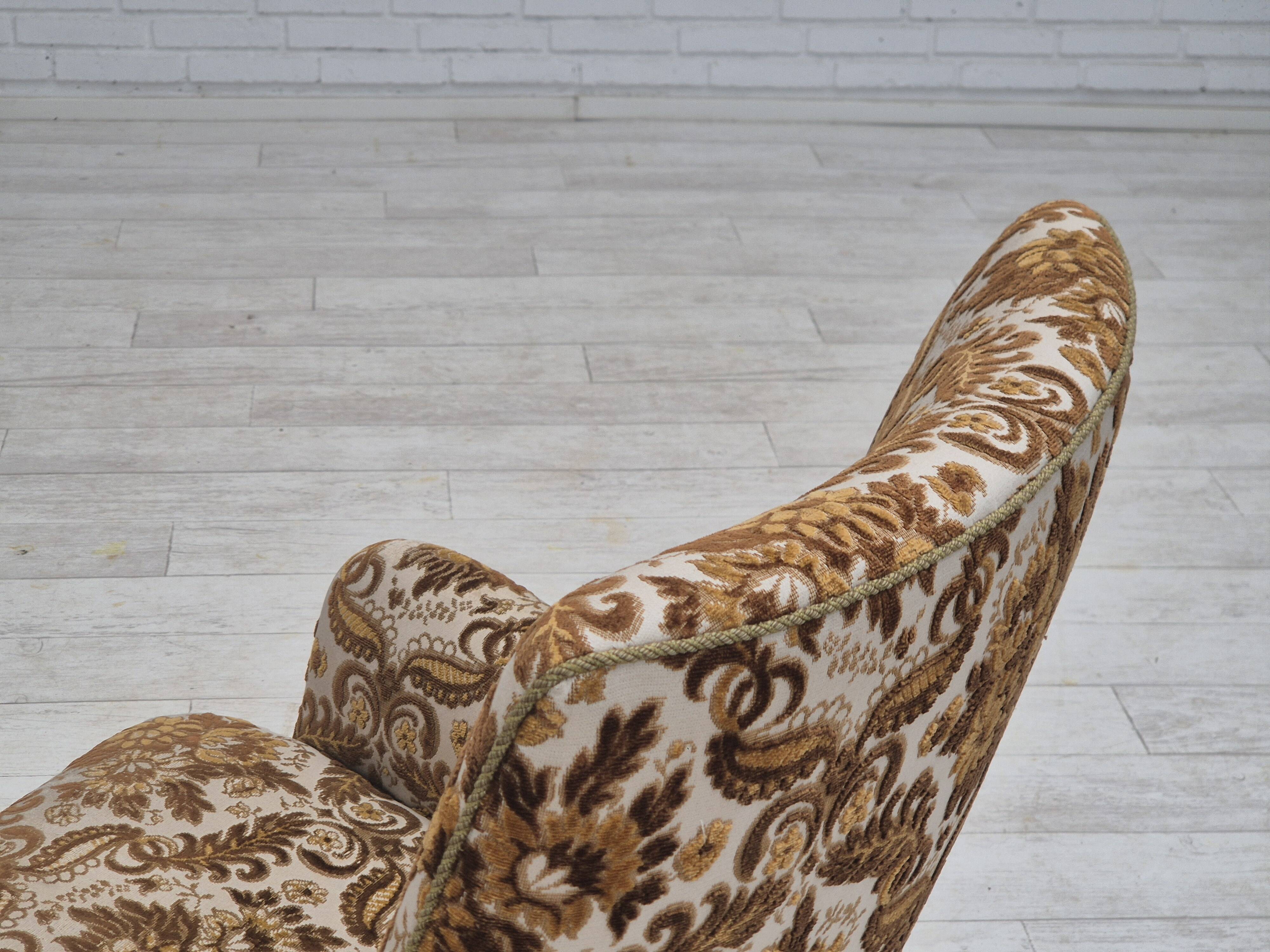 1960s, Danish highback armchair, furniture velour fabric, ash wood.